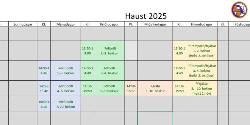 Tímatafla íþróttaæfinga barna og unglinga á haustönn